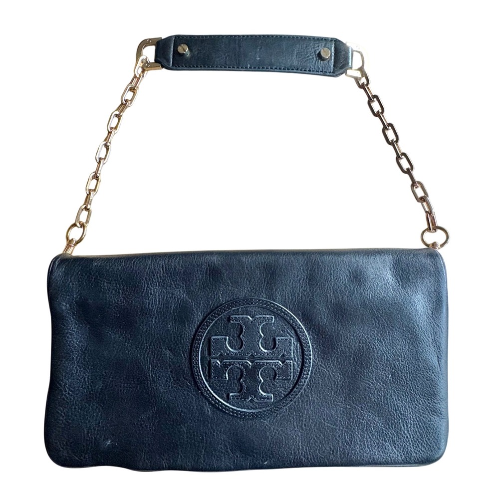$398 TORY BURCH Bomb Reva Blk‎ Leather Clutch Designer Handbag Purse w/Strap EUC